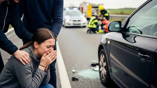 Woman crying and receiving comfort at a car accident scene with emergency services present. Road safety and personal injury footage.