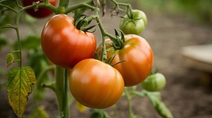 Ripe tomatoes hanging on a vine, showcasing various stages of ripeness from green to deep red