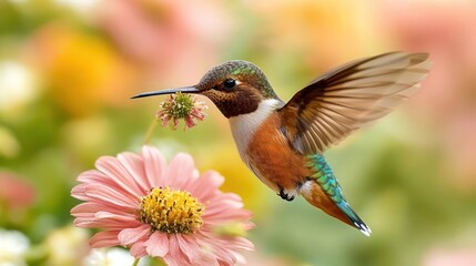 Fototapeta premium Rufous hummingbird gracefully feeding on pink flower nectar.
