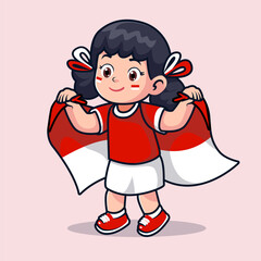 Cute vector of a little girl holding the red and white Indonesian flag behind her. She smiles brightly, showing joy, patriotism, and pride for Indonesia’s Independence Day.