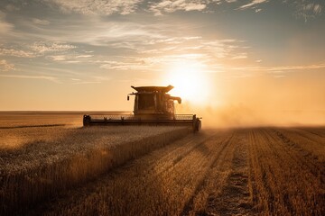 Fototapeta premium Combine harvester unloading grain at sunset in a golden wheat field