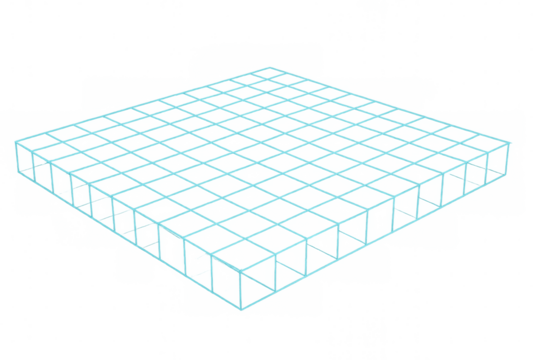 Transparent wireframe cube creating geometric grid pattern, suitable for architectural design visualization