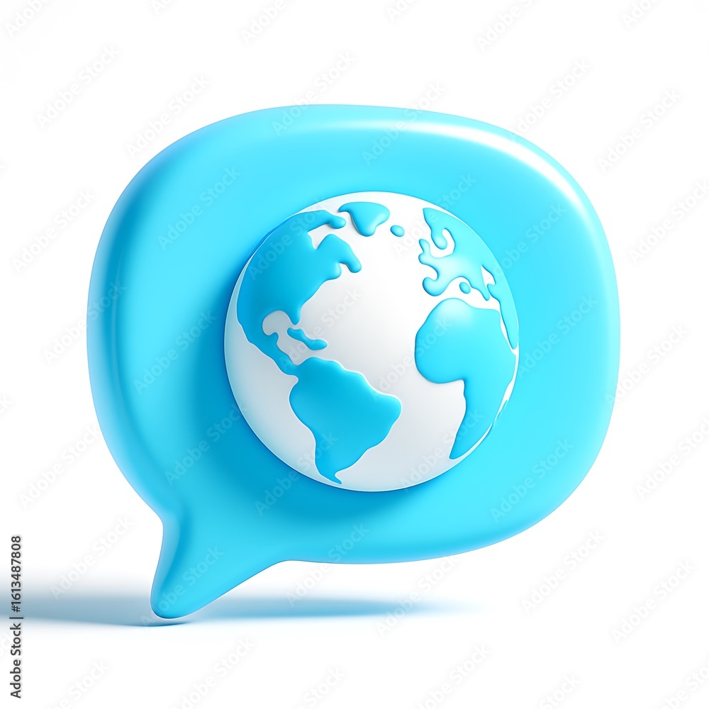 Poster blue speech bubble with a 3d globe inside representing global communication