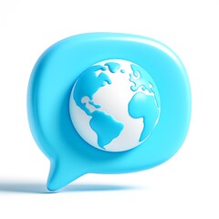 Blue speech bubble with a 3d globe inside representing global communication