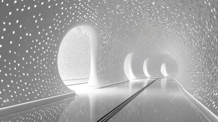 White tunnel with patterned walls and arched openings