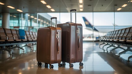 Two elegant brown suitcases stand in a spacious, modern airport terminal with an airplane visible through the windows.