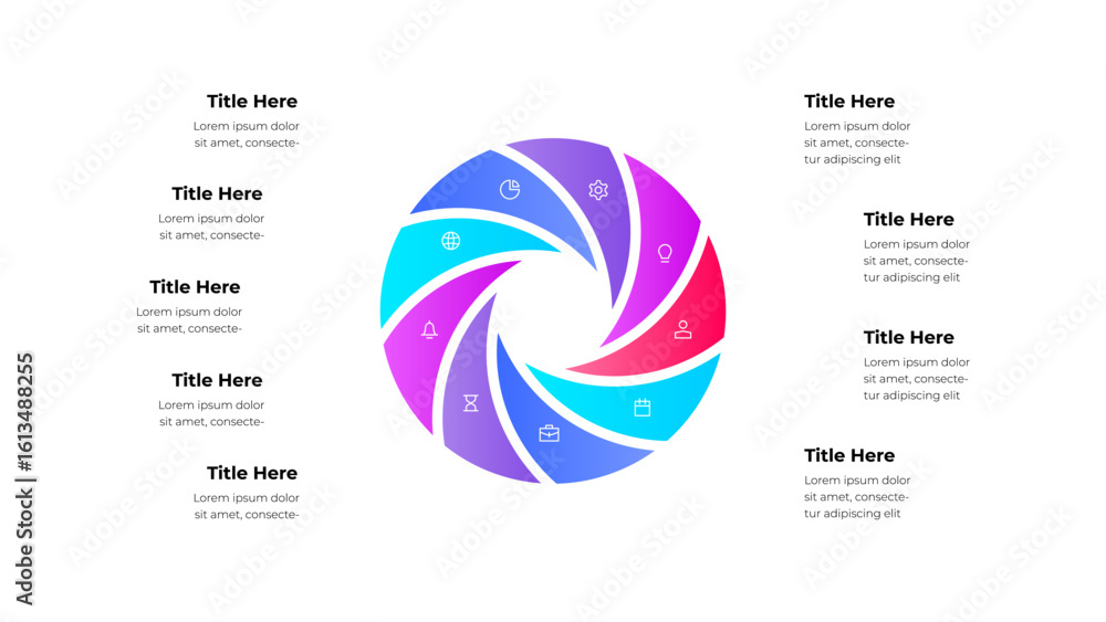 Poster abstract circular infographic with business related icons inside a colorful gradient design, ideal f