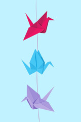 colorful origami crane on rope, thread on blue background, folded paper, paper crane