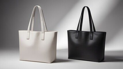 Elegant black and white leather tote bags displayed against a minimalist gradient background