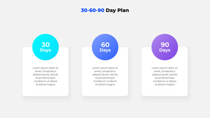 A clean and modern infographic design showcasing a 30-60-90 day plan with colorful circular labels for each phase © abert84