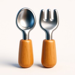 Close up of baby spoon and fork with orange handles on a white background