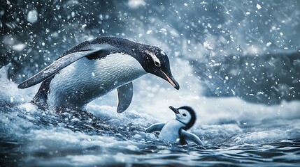 Obraz premium Penguin standing proudly on glistening icy rock high resolution picture