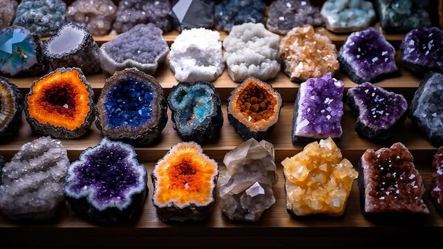 Colorful crystals and geodes displayed on tiered wooden shelves