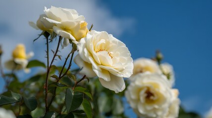 Elegant white roses in full bloom against a clear blue sky, showcasing their delicate petals and vibrant green leaves.