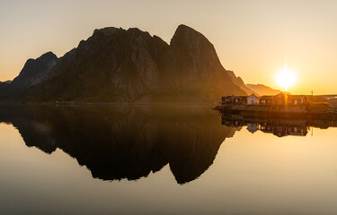 Beautiful sunrise, midnight sun with view on a small part of Hamnøy village. Some rorbu visible....