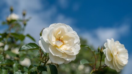 A delicate white rose in full bloom against a clear blue sky, surrounded by lush green leaves.