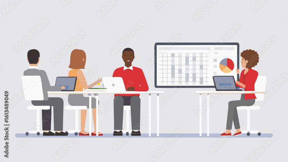 Poster group of people in a business meeting with laptops and a presentation screen showing data charts and