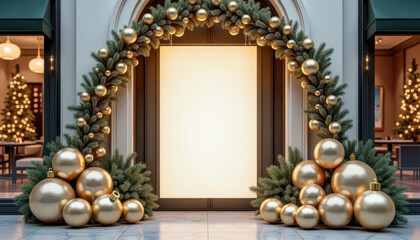 Christmas banner mockup. Vertical poster mockup with golden Christmas decor