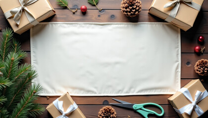 Christmas banner mockup. Christmas card mockup with gifts and pine branches