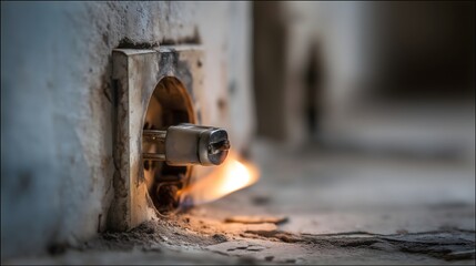 Electrical Outlet Fire Hazard with Flames and Smoke, Unsafe Power Socket Overheating in Home Wall, Dangerous Electricity Short Circuit Accident