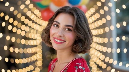 A cheerful woman in a red dress smiles warmly against a backdrop of twinkling lights and colorful balloons.