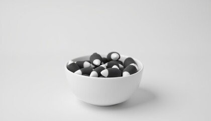 Bowl of Decorative Black and White Objects on a Minimalist White Background