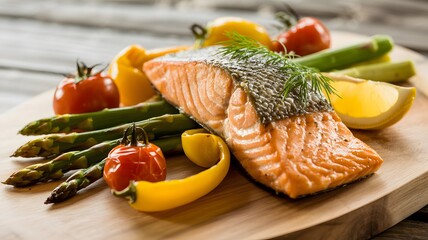 Freshly prepared salmon fillet garnished with herbs, served alongside vibrant vegetables on a wooden plate