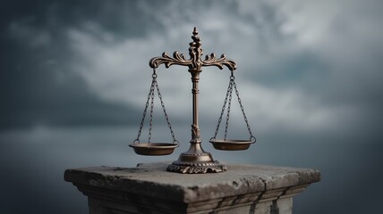 An ornate bronze scale of justice stands solemnly against a stormy sky, symbolizing fairness and balance.