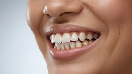 Close-up of a bright, healthy smile showcasing perfect white teeth and smooth skin