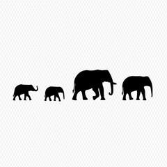 Silhouette of an elephant family walking, showcasing different sizes.