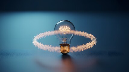 A glowing light bulb with a trail of sparkling particles forming an infinity symbol, set against a soft blue gradient background