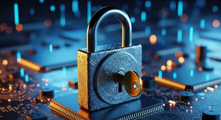Photo of a metallic padlock with a key stands guard on a modern circuit board, symbolizing digital security and data protection