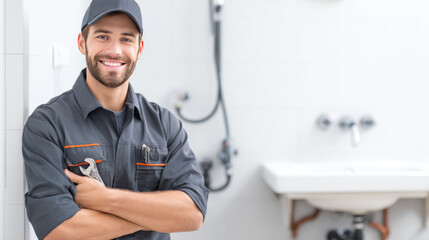 Fototapeta premium A professional plumber in uniform and with tools in his hands stands next to a sink, pipes or plumbing equipment in a bathroom or kitchen.