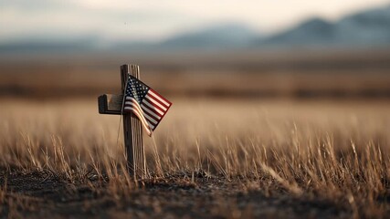 Memorial Background Theme, Wooden Cross with American Flag Grassy Field Symbolizes Remembrance and Patriotism Serene Landscape - Powered by Adobe