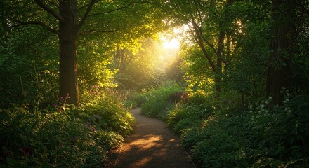Obraz premium A captivating sunlit path winds through a lush, verdant forest, symbolizing a peaceful journey and the serene beauty of the natural world.