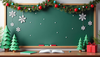 Christmas banner mockup. Christmas classroom chalkboard with holiday decorations