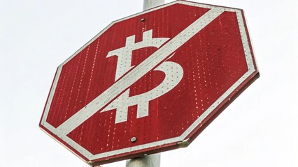 Close Up of Stop Style Road Sign with Crossed Out Bitcoin Symbol Suitable for Anti Crypto Statement Designs