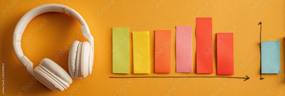 Poster learning space featuring colorful sticky notes and headphones with a progress graph on a bright back