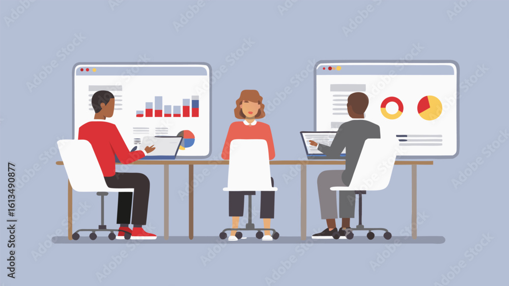 Poster people sitting at desks with laptops and large screens displaying charts and graphs in a meeting roo