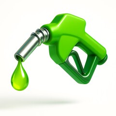 Green fuel nozzle with a drop of liquid on a white background