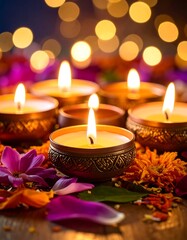 Burning candles, flowers, bokeh