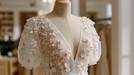 Obraz premium Elegant Bridal Dress with Floral Embellishments on Mannequin
