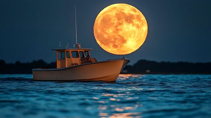Ocean at night: Boat and full moon. For your websites, presentations, and designs, this aesthetically generated image is poised to infuse beauty into your creative projects.
