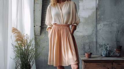 Woman in stylish shirt and skirt