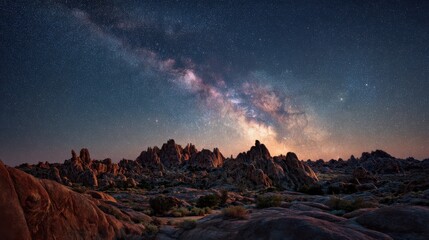 Obraz premium Stunning Night Sky Over Jagged Rocks in Desert Landscape
