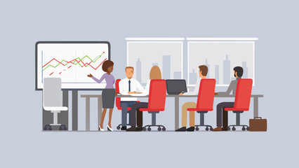 Woman presenting graphs to colleagues during a business meeting in a modern conference room setting