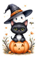 Adorable Halloween Duo: Black Cat, Friendly Ghost, and Jack-o'-Lantern