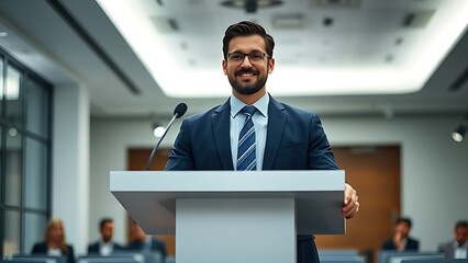A confident presenter in business attire stands at a modern podium in a professional studio setting.
