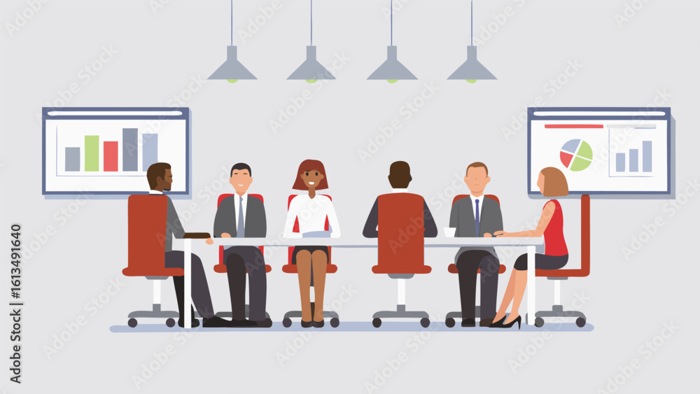 Poster people sitting at a conference table in a meeting with graphs and charts on the wall behind them