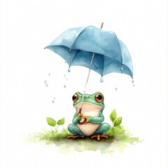 Obraz premium A whimsical illustration of a frog holding a blue umbrella, surrounded by raindrops and greenery, This image can be used for children's books, ecological themes, or weather-related content,